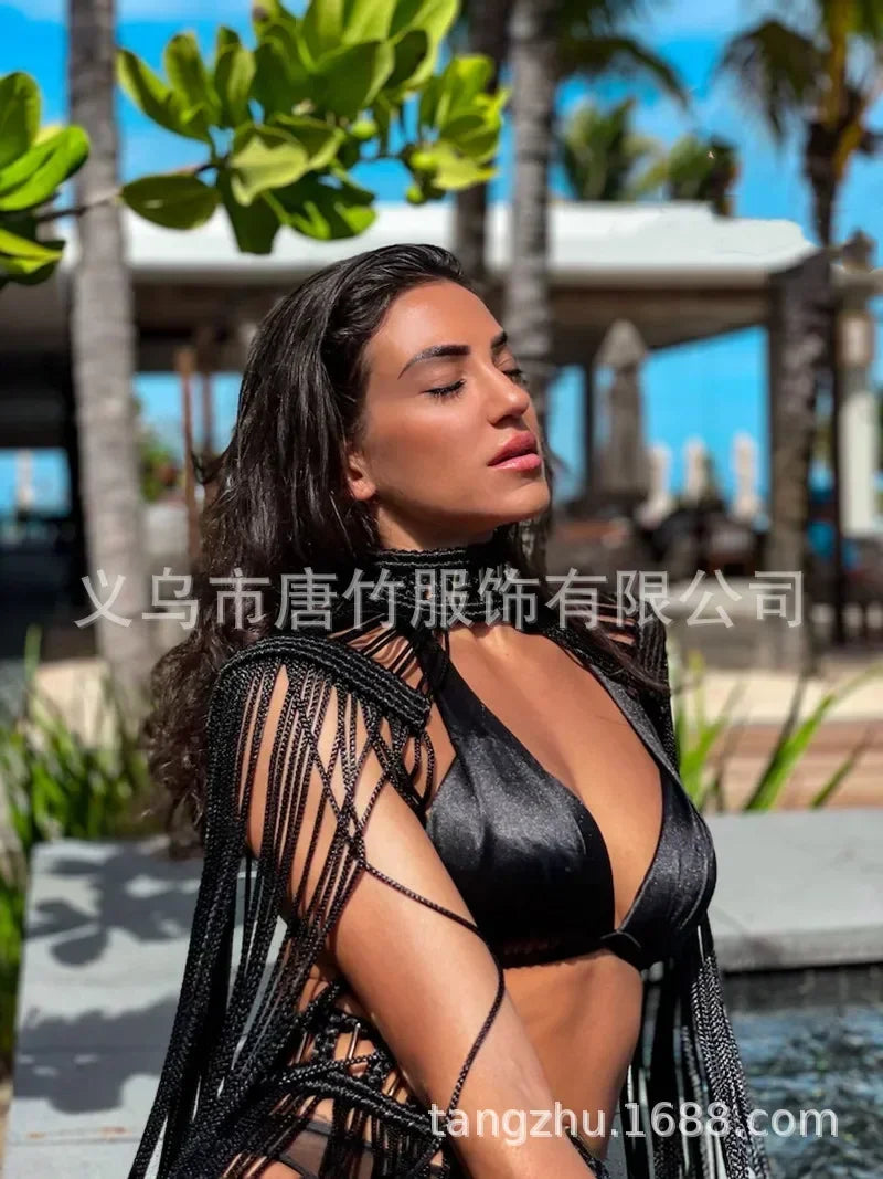 Leosoxs Hand Crochet Knitted Women Bikini Cover Ups Summer Holiday Tassel Beach Bathing Suit Sexy Hollow Out Skirts Matching Set - Matrix Studios