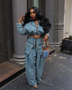 Denim Two Piece Sets Women Coat Jacket Wide Leg Pants Jeans Suits Matching Sets Trousers Outfits 2025 Y2k Streetwear Party - Matrix-studios.com