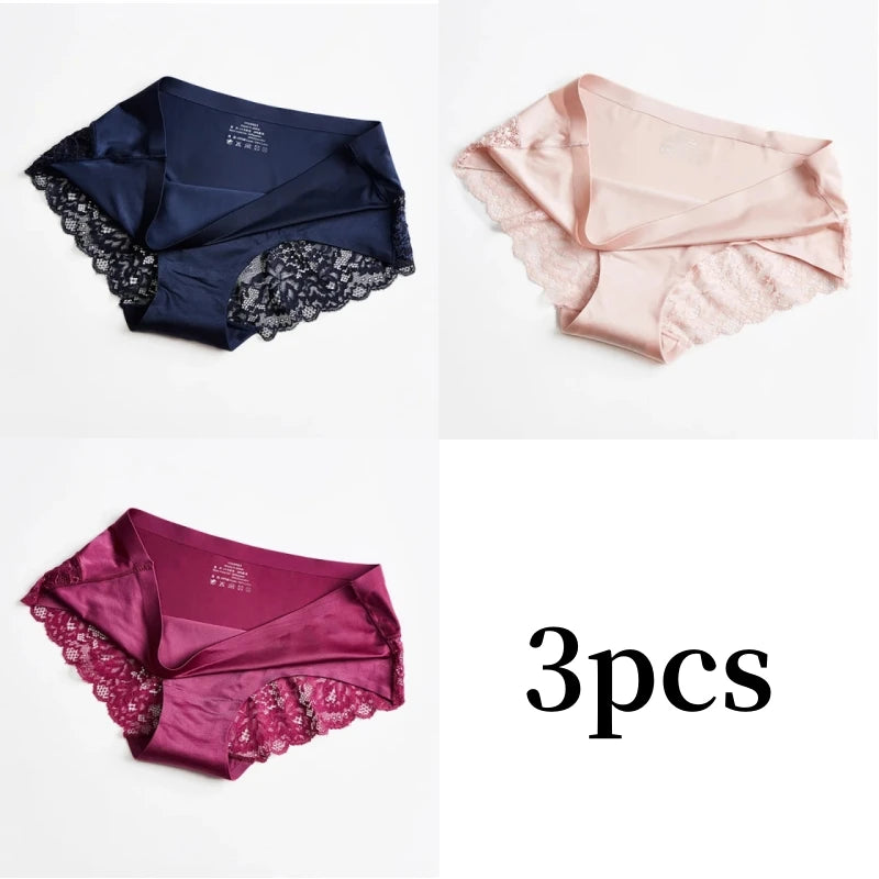 3pcs Lace Women's Panties French Seamless Underwear Female Ice Silk Briefs Solid Color Breathable Underpants Lingerie - Matrix Studios