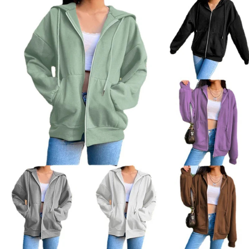 Autumn Fleece Hoodie Solid Color Hooded Korean Fashion Sweatshirts Long Sleeve Top Drawstring Pockets Loose Zipper Black Hoodies - Matrix Studios