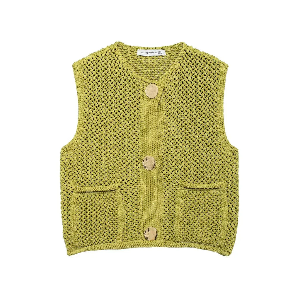 Women Fashion Sleeveless Coarse Needle Knitting Vest Sweater Female Chic Big Pockets Patch Buttons Cardigan Waistcoat Tops - Matrix Studios