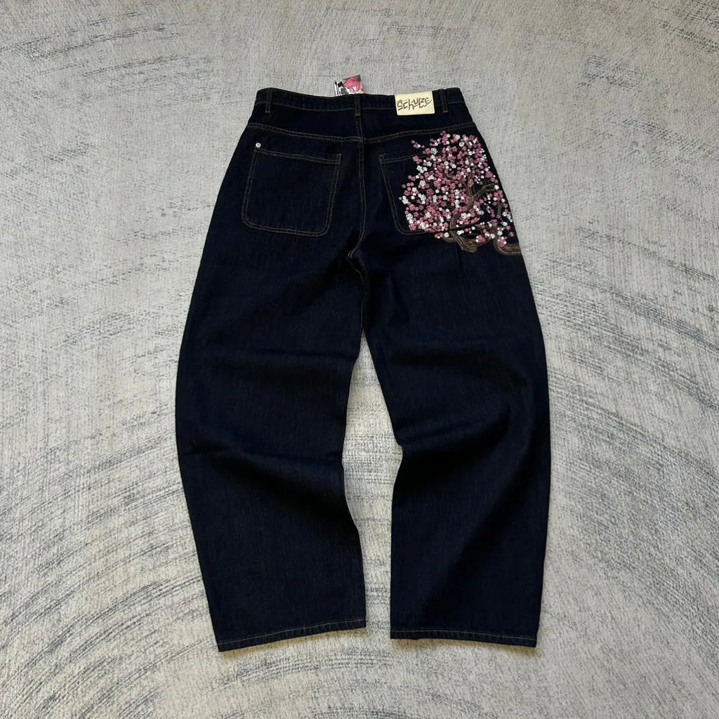 Y2K Vintage Low Waist Hip Hop Cherry Blossom Embroidered Jeans  Wide Leg Trousers Clothes Mens Embroidered Baggy Jeans Womes - Matrix Studios