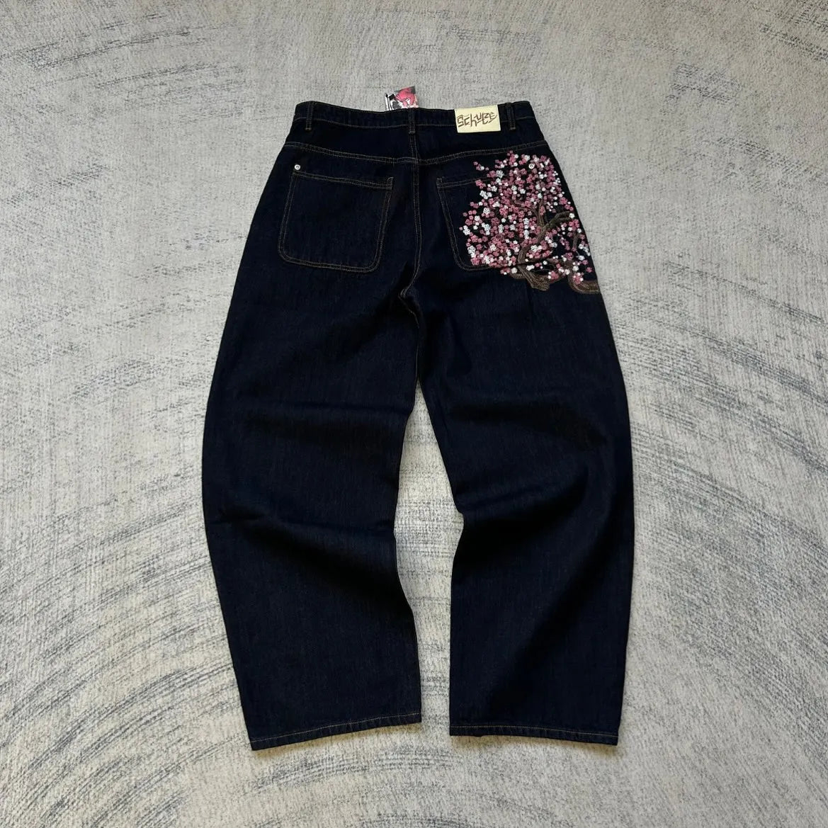 Y2K Vintage Low Waist Hip Hop Cherry Blossom Embroidered Jeans  Wide Leg Trousers Clothes Mens Embroidered Baggy Jeans Womes - Matrix Studios