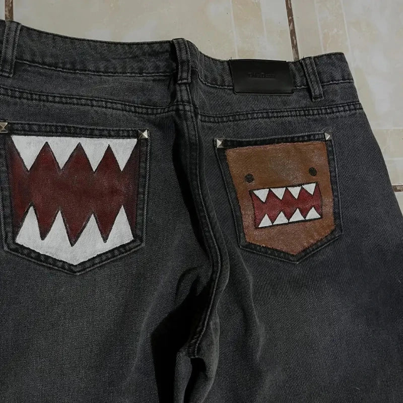 Washed Black Baggy Men Monster Tooth Embroidery Jeans Pocket Wide Leg Denim Pants Y2k Streetwear Hip Hop Loose Trousers Unisex - Matrix Studios
