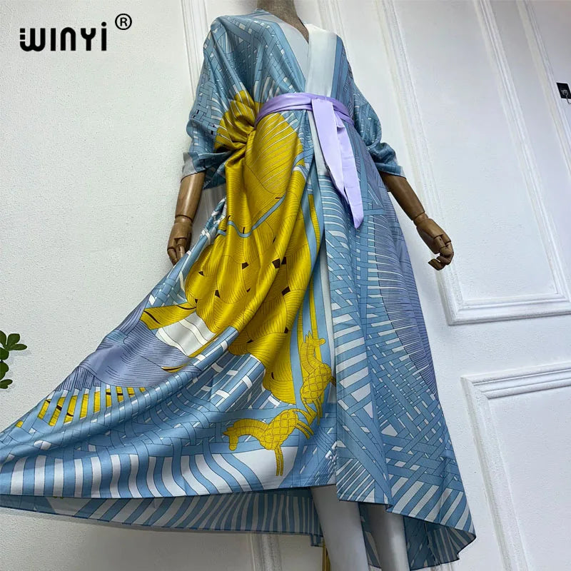 NEW WINYI Summer 2024 Print Middle East Kimono Beach Cover Up Dress Elegant African Women Boho Cardigan Holiday Maxi Abaya - Matrix Studios