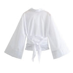 New Women's Fashion Casual Polo Neck Bow Tie up Short Edition Double Breasted Poplin Shirt - Matrix-studios.com
