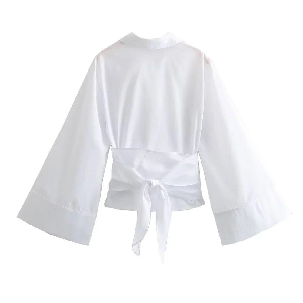 New Women's Fashion Casual Polo Neck Bow Tie up Short Edition Double Breasted Poplin Shirt - Matrix-studios.com