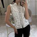 Ladies Vintage Lace Blouse Shirts Women Summer Hollow Out Casual Sand Collar Elegant Embroidery Puff Sleeve Sexy Top Shirts - Matrix-studios.com