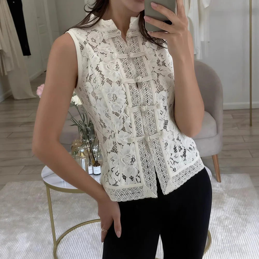 Ladies Vintage Lace Blouse Shirts Women Summer Hollow Out Casual Sand Collar Elegant Embroidery Puff Sleeve Sexy Top Shirts - Matrix-studios.com