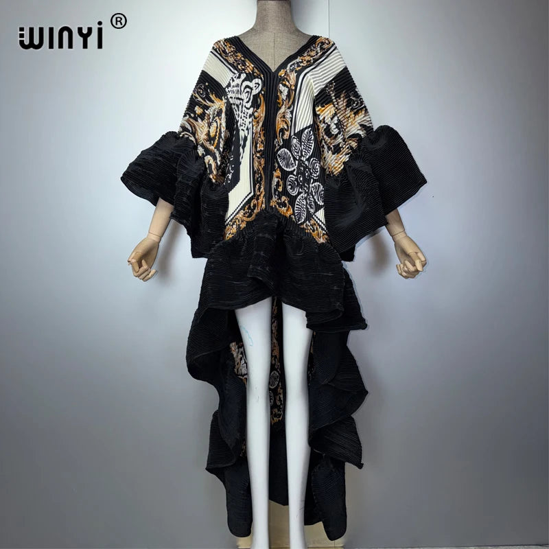 WINYI Middle East Boho Maxi Kaftan Dress Elegant Pleated Elastic Beach Cover up Luxury Party Evening Dubai Style Abaya - Matrix-studios.com