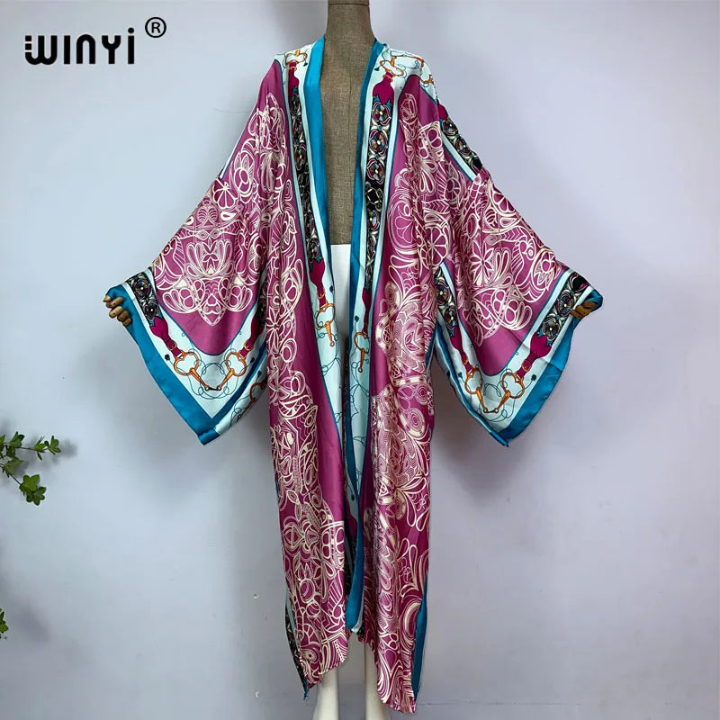 WINYI Kimono Africa Summer Boho Print Bikini Cover-up Elegant Fashion Cardigan Sexy Holiday Long Sleeve Silk Feeling Maxi Dress - Matrix Studios