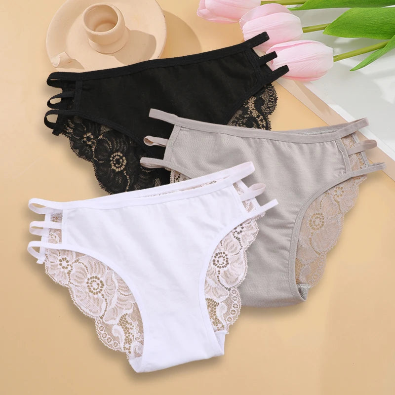 3PC/Set Women's Sexy Floral Lace Panties Low Rise Hollow Out Briefs Transparent Underwear Female Elastic Straps Soft Lingerie - Matrix Studios