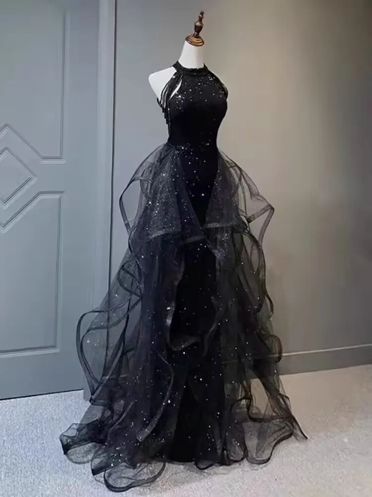 Elegant Sparking Navy Blue Evening Dresses Halt Beading Party Gown Customized Prom Dress 2025 Tiered robes de soirée Sweep Train - Matrix Studios
