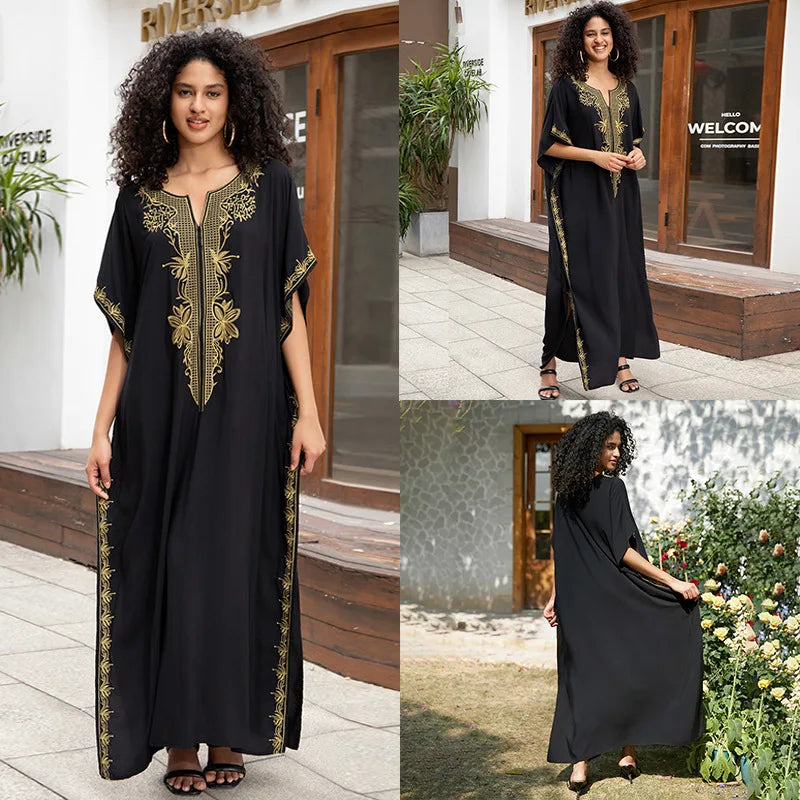 Swimsuit Cover Ups Embroidery V Neck Short Sleeve Swim Cover Up for Women Kaftan Dresses - Matrix Studios