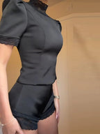 New Satin Lace Edge Top Short Sets For Women High Neck Padded Shoulder Blouse Low Waist Shorts 2026 Lady Spring Summer Outfits - Matrix-studios.com