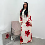 Arabesque Bell Sleeve Flowy Maxi Abaya Dress Elegant Floral Print Muslim Modest Long Dress Islamic Vacation Outfit Summer Robe - Matrix-studios.com