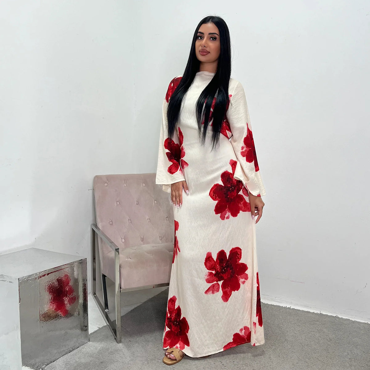 Arabesque Bell Sleeve Flowy Maxi Abaya Dress Elegant Floral Print Muslim Modest Long Dress Islamic Vacation Outfit Summer Robe - Matrix-studios.com