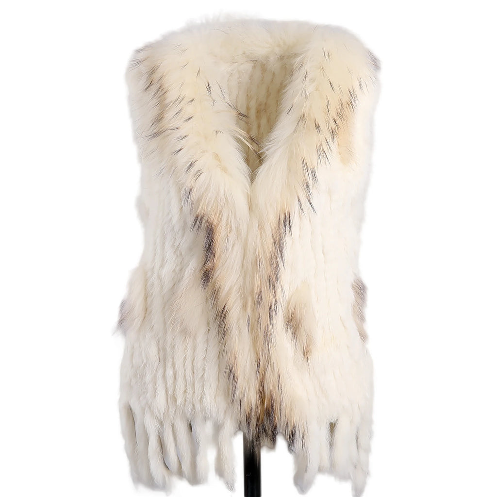 BOONJOVIA Women's 100% Real Rabbit Fur Knitted Vest Raccoon Fur Trim Collar Gilet Lady Fashion Waistcoat For Autumn Winter - Matrix Studios