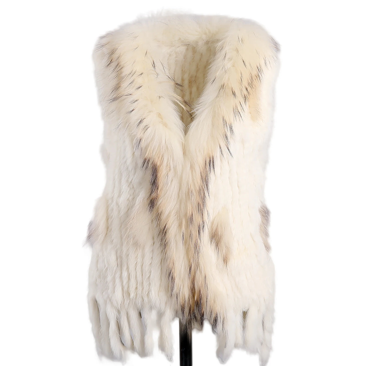 BOONJOVIA Women's 100% Real Rabbit Fur Knitted Vest Raccoon Fur Trim Collar Gilet Lady Fashion Waistcoat For Autumn Winter - Matrix Studios