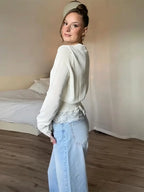 Knitted Women Cardigan Drawstring Cinched Waist Lace Trim Single Breasted Sweater Sheer O-Neck Solid Sweater Elegant Tops Ladies - Matrix Studios