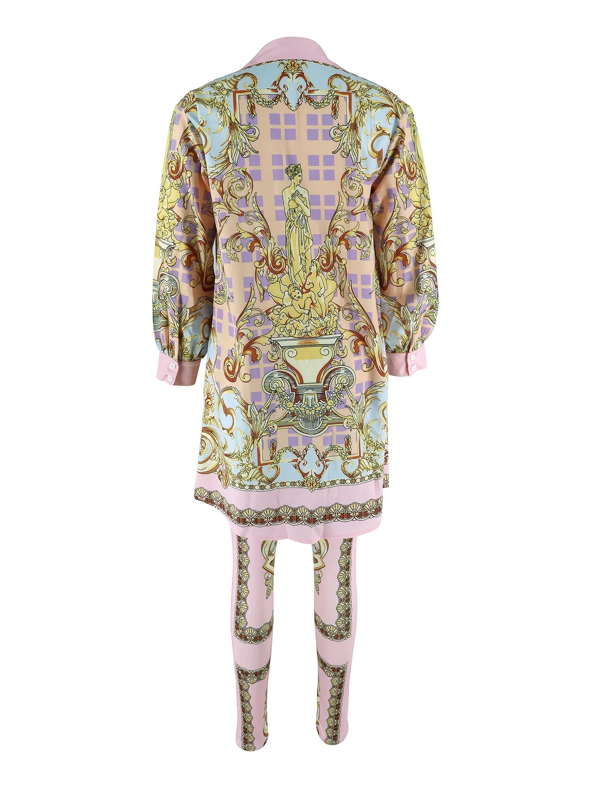 Women 2 Piece Set Ornate Print Long Sleeve Button Shirt Top Pants Outfit Elegant Casual Vacation Matching Set - Matrix-studios.com