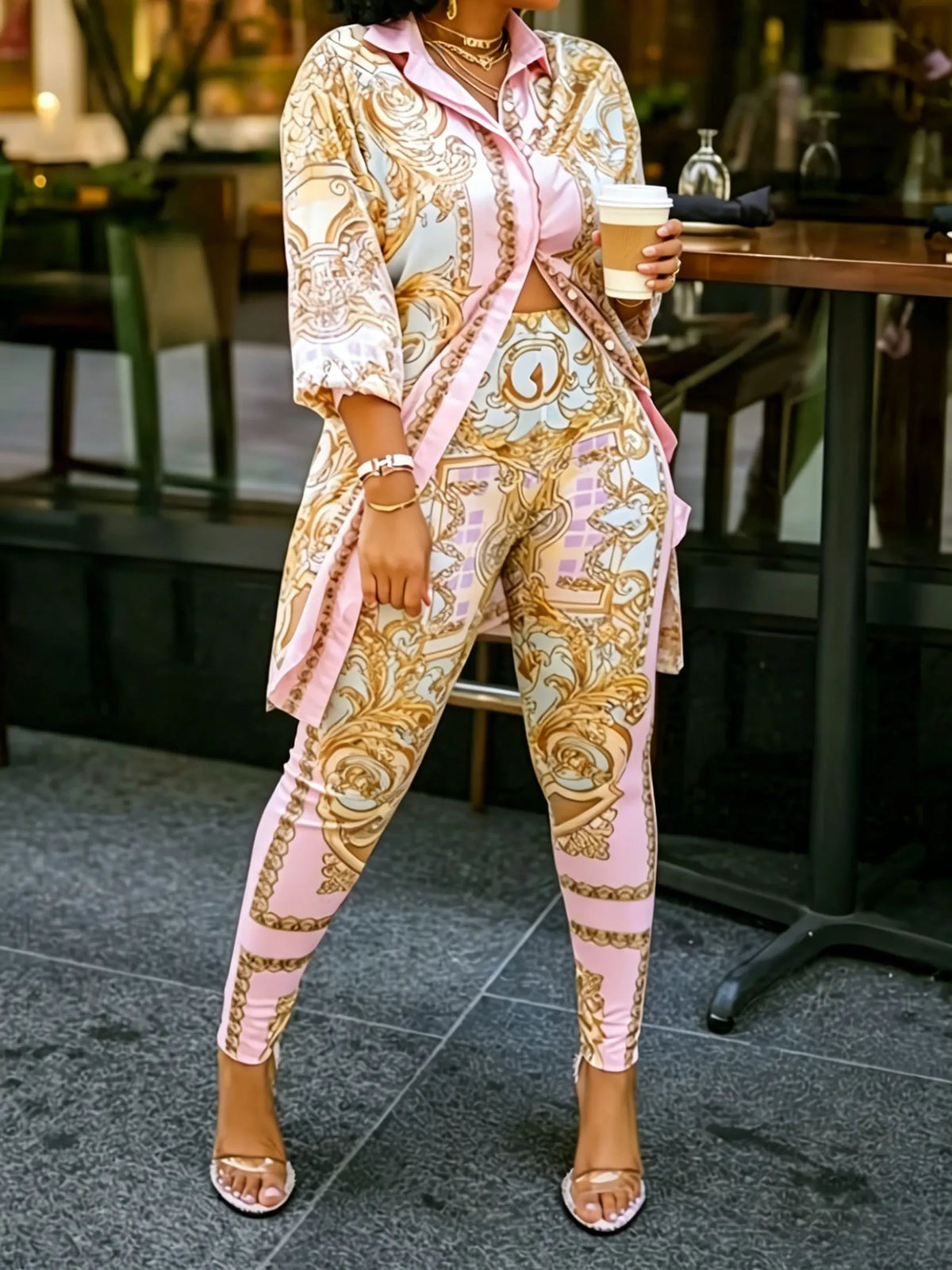 Women 2 Piece Set Ornate Print Long Sleeve Button Shirt Top Pants Outfit Elegant Casual Vacation Matching Set - Matrix-studios.com