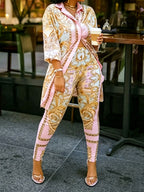 Women 2 Piece Set Ornate Print Long Sleeve Button Shirt Top Pants Outfit Elegant Casual Vacation Matching Set - Matrix-studios.com