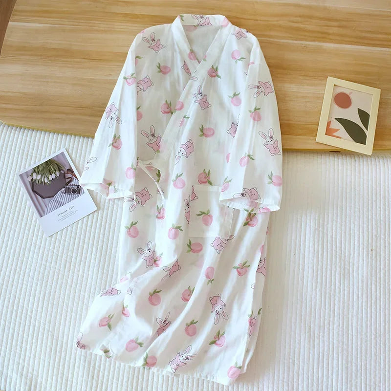 Japanese-style Kimono Pajamas Summer New 100% Cotton Gauze Pajamas Nightgown Ladies SPA Yukata Homewear Long Pajamas Women - Matrix-studios.com