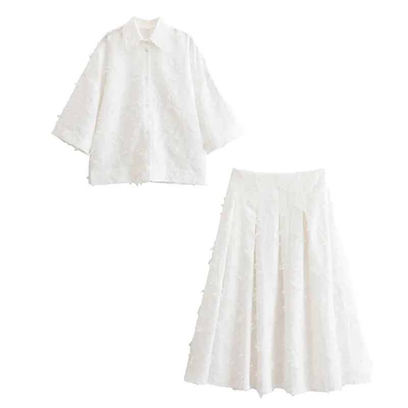 HH Women Tassel Sets White Turn-Down Collar Single-Breasted Shirts+High Waist Zipper A-Line Long Skirts Female Holiday Suit - Matrix-studios.com