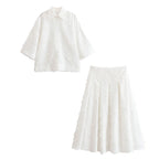 HH Women Tassel Sets White Turn-Down Collar Single-Breasted Shirts+High Waist Zipper A-Line Long Skirts Female Holiday Suit - Matrix-studios.com