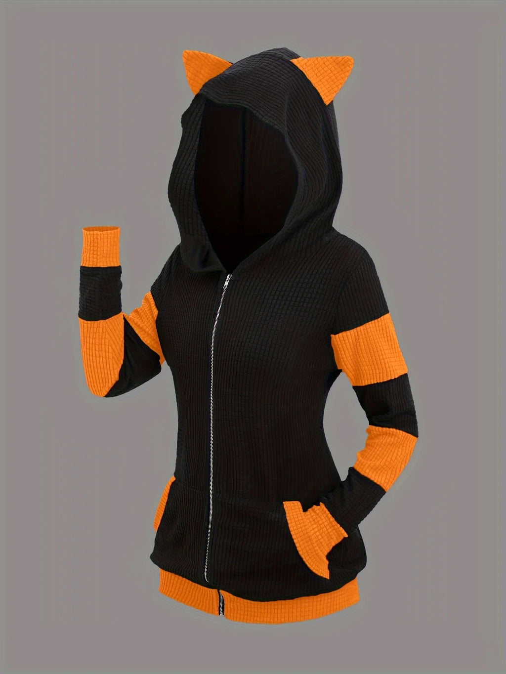 2024 European and American fashion women's new thick cat ears in autumn and winter long color matching hooded sweater coat - Matrix Studios