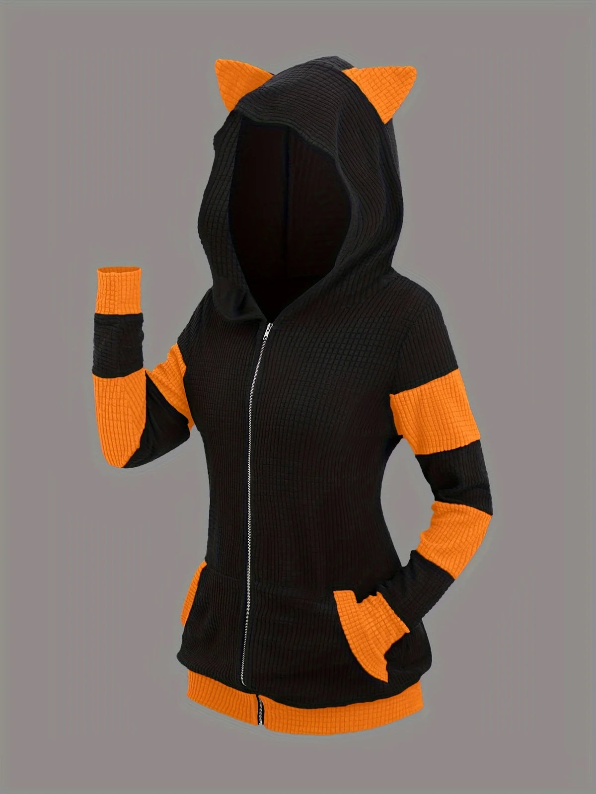2024 European and American fashion women's new thick cat ears in autumn and winter long color matching hooded sweater coat - Matrix Studios