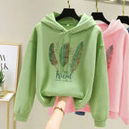 Women Fashion Feather Printed Hoodies Autumn Winter Plus Velvet Casual Loose Sweatshirt - Matrix-studios.com