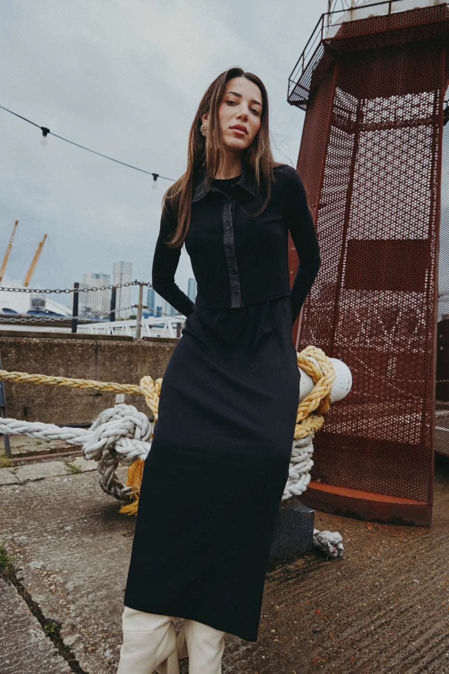 AS AW25 new design ribbing cardigan with denim collar + sleeveless maxi dress matching set for woman clothes - Matrix-studios.com