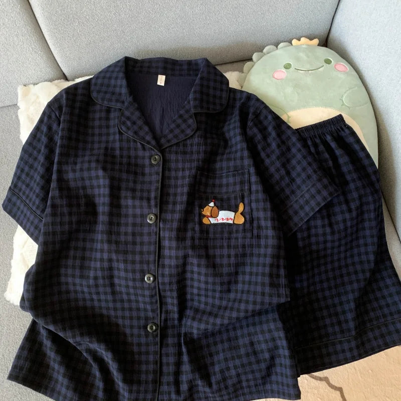 Embroidery Dog Sweet Fashion Cute Pajamas Set for Women Plaid Lapel Neck Elastic Waist Design Pajamas Short New Casual Nightwear - Matrix-studios.com