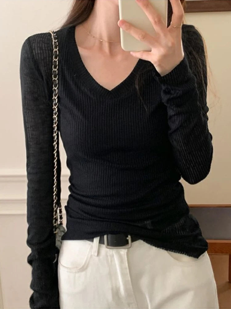 Women Long Sleeve T Shirt Thin Perspective Summer Solid Slim Casual Shirts Female Pullovers Basic Tee Y2k Clothes Streetwear Top - Matrix-studios.com