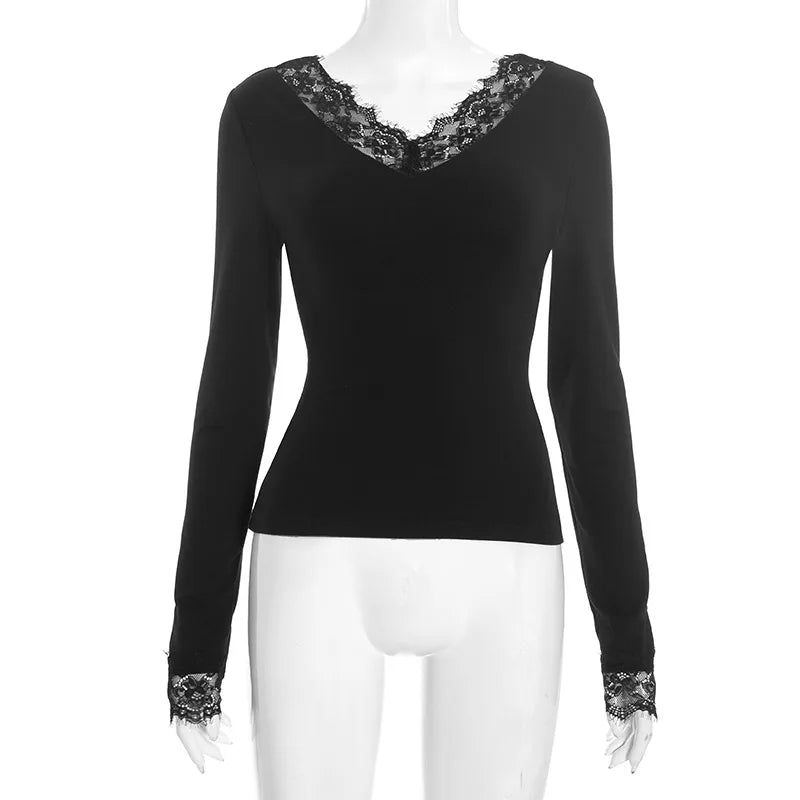 Tornova V neck Lace T shirt Top Women Sexy Navel Exposed Pullover Fashion Splice Hot Girl Club Party Top Autumn New Lady T shirt - Matrix-studios.com