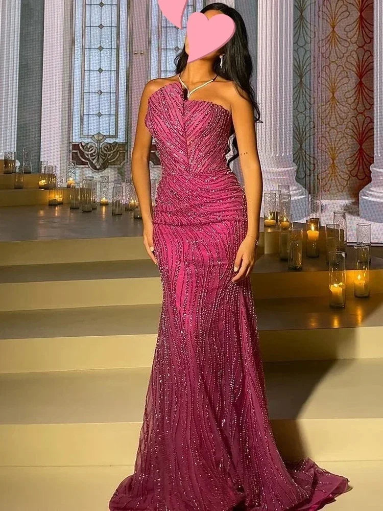 Customized High Quality Evening Dresses Elegant Vintage Sweet Sexy Pink Mermaid Beads Lace Formal Occasion Long Dress Sparkle - Matrix-studios.com