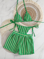 2026 new style boxer shorts mesh three-piece women's swimsuit neck lace-up bikini set - Matrix-studios.com