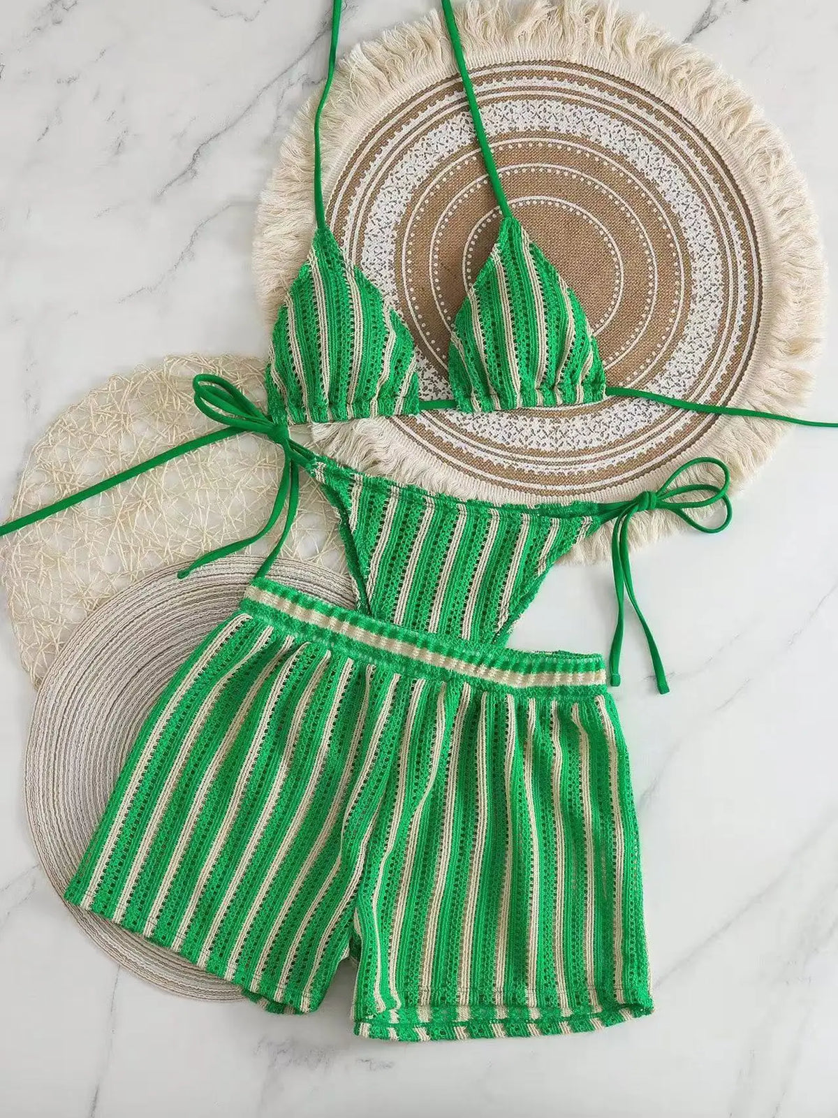 2026 new style boxer shorts mesh three-piece women's swimsuit neck lace-up bikini set - Matrix-studios.com