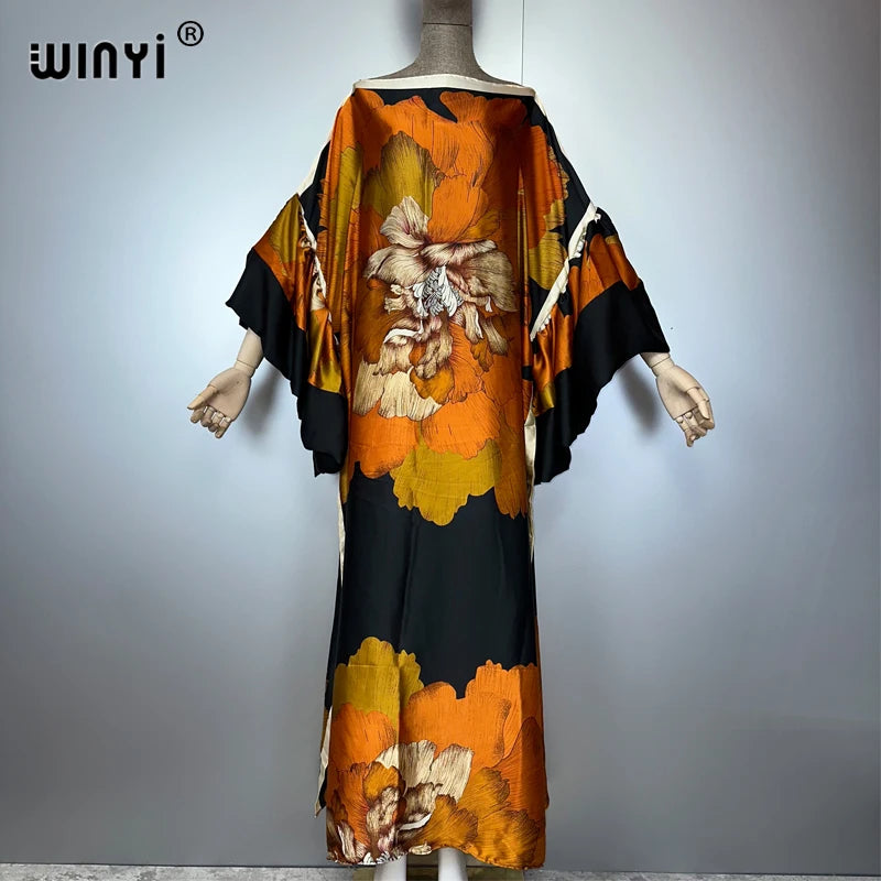 WINYI Summer Puff(ed) Sleeves Evening Dress Abaya Dubai Luxury Female Loose Print Kaftan Muslim Woman Clothing Beach Dress - Matrix-studios.com