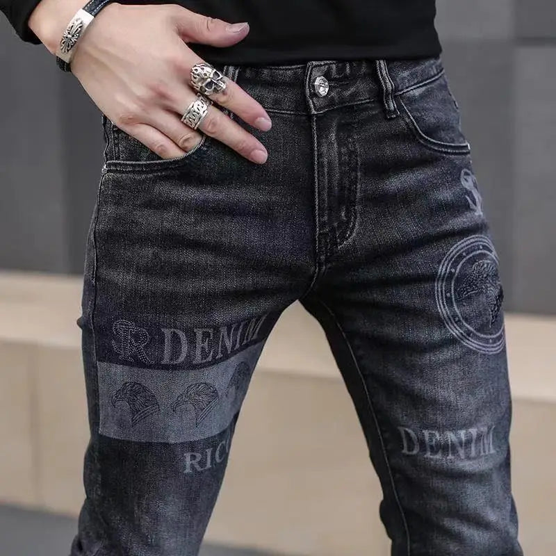 High End Stylish Classic Distinctive Printed Black Stretch Denim Jeans for Men High Quality Slim Fit Stretch Luxury Denim Pants - Matrix Studios