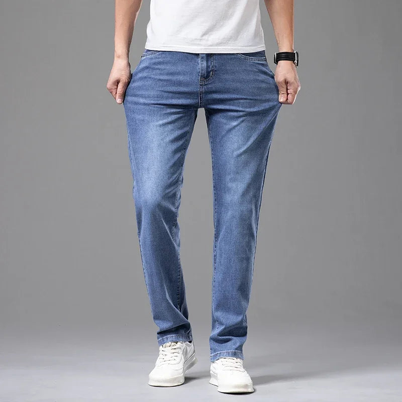 Summer Thin Men's Elastic Cotton Jeans Fashion Gray Comfortable Business Straight Casual Pants Brand Male Clothes Trousers - Matrix Studios