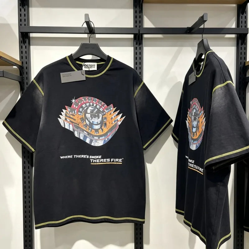American High Street Washable Distressed Black SATOSHI Tshirts Stitch Patchwork Short Sleeves Men Women Casual Round Neck Tops - Matrix-studios.com