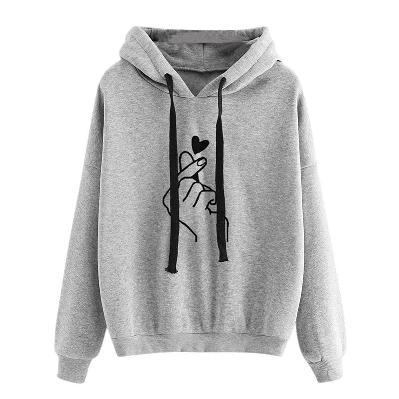 Autumn Fleece Hoodie Solid Color Finger Heart Hooded Korean Fashion Sweatshirts Long Sleeve Top Drawstring Pockets Loose Hoodies - Matrix-studios.com