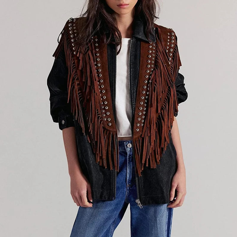 Combhasaki Women's Y2k Vintage Studded Suede Vest Coat 70s Hippie Outfits Sleeveless Open Front Tassel Patchwork Vest Collar - Matrix Studios
