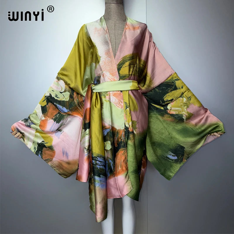 WINYI kimono beach outfits women Swim Suit Cover up boho Cardigan stitch Self Belt Holiday long Sleeve coat holiday kaftan coat - Matrix Studios