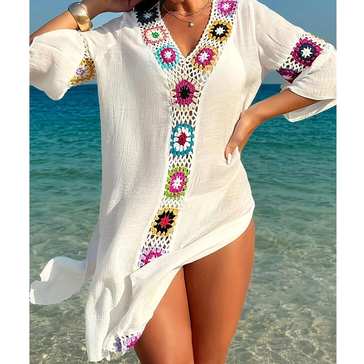 Fashion Style Hand Crochet Flower Block Beachwear Cover Up Beach Holiday Casual See-Through Dress Breathable Sunscreen Smock - Matrix Studios