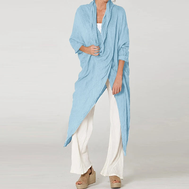 ZANZEA 2025 Fashion Blouses Autumn Women Tops Vintage Long Shirts Casual Solid Cowl Neck Long Sleeve Asymmetrical Party Blusas - Matrix-studios.com