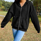 Autumn Fleece Hoodie Solid Color Hooded Korean Fashion Sweatshirts Long Sleeve Top Drawstring Pockets Loose Zipper Black Hoodies - Matrix Studios